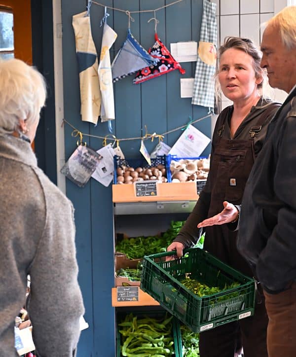 Carlijn Geluk, de boerin van biologisch- dynamisch landbouwbedrijf De Zonnegaard, staat tijdens het bijvullen in de boerderijwinkel een ouder klanten-echtpaar te woord.
