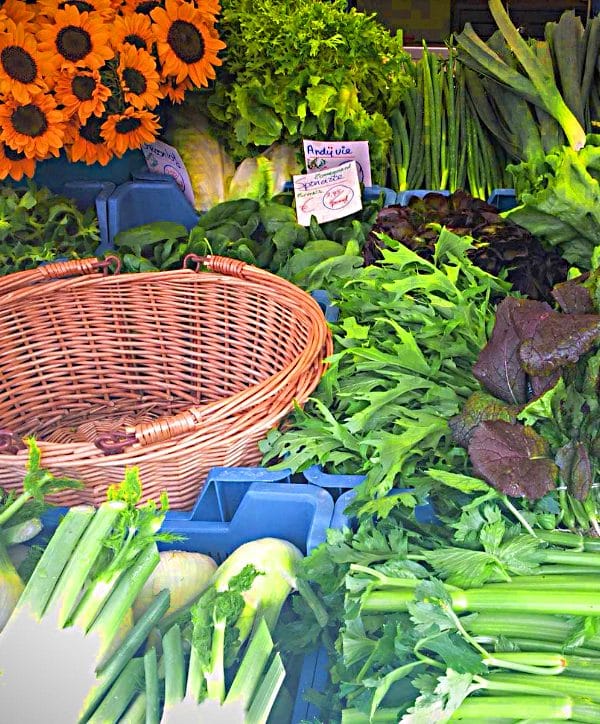 Close up van de rijkelijk gesorteerde groenten en fruit in de marktkar van biologisch- dynamisch landbouwbedrijf De Zonnegaard uit Voorst. Vers van het land, zo op de markt!